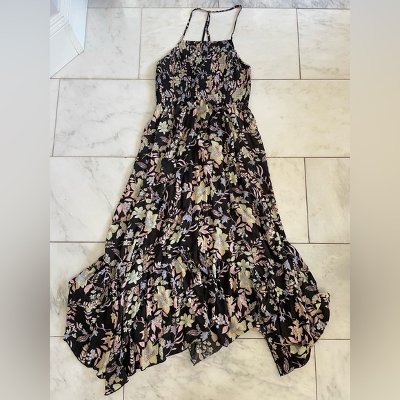 Intimately Free People sz large dark gray w/ floral print strappy smocked maxi - Picture 2 of 10